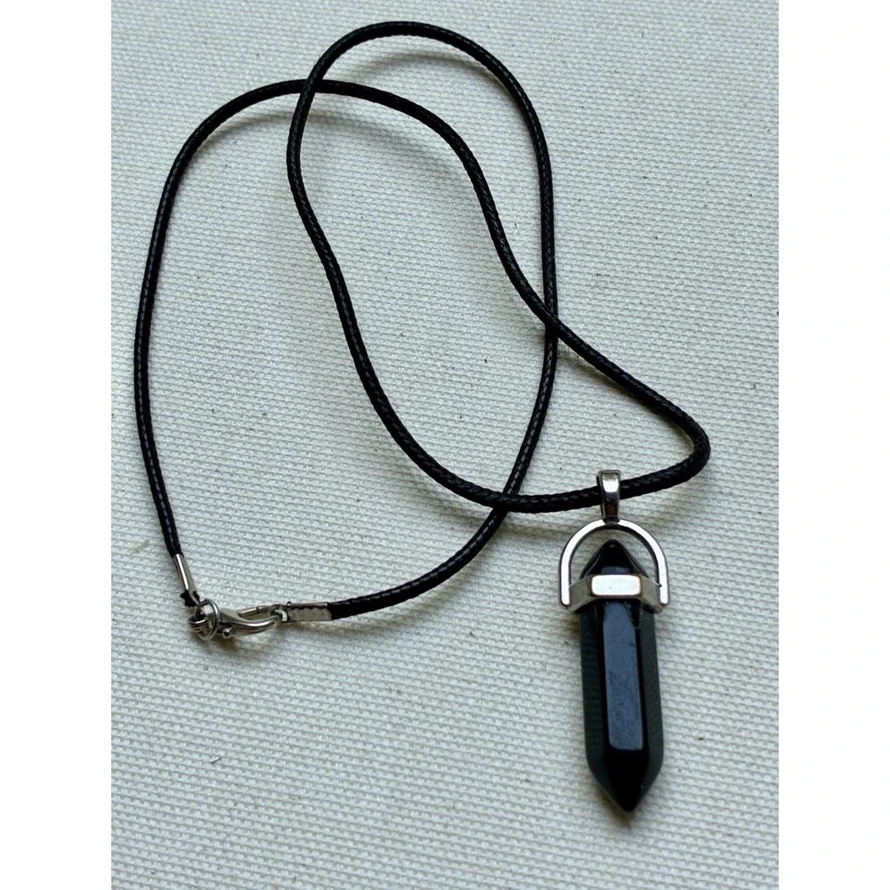 Solid Black Crystal Point Pendant Necklace Cord Silver Tone Boho Y2K Bohemian